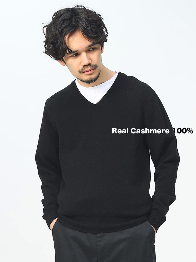 DESHENG (デシェン) カシミヤ100％ 12G 無地 Vネック セーター