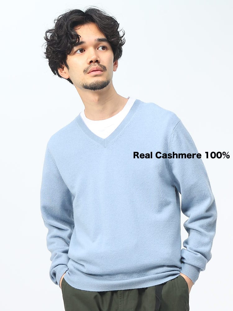 DESHENG (デシェン) カシミヤ100％ 12G 無地 Vネック セーター