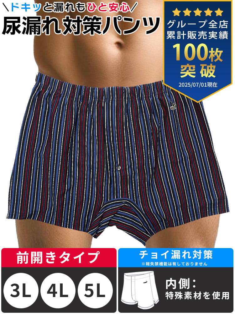 尿漏れパンツ ニットトランクス 大きいサイズ メンズ 男性用 ちょい漏れ対策 頻尿 失禁 ストライプ 前開き 肌着 下着 3L 4L 5L Crocodile クロコダイル