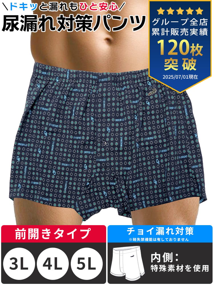 在庫処分 返品交換不可 尿漏れパンツ ニットトランクス 大きいサイズ メンズ 男性用 ちょい漏れ対策 頻尿 失禁 ランダムロゴ 前開き 肌着 下着 3L 4L 5L Crocodile クロコダイル