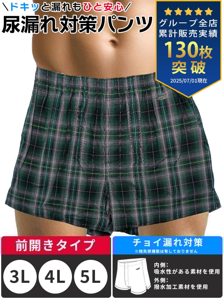 尿漏れパンツ トランクス 大きいサイズ メンズ 男性用 ちょい漏れ対策 頻尿 失禁 撥水 チェック柄 前開き エチケット 肌着 下着 3L 4L 5L Crocodile クロコダイル