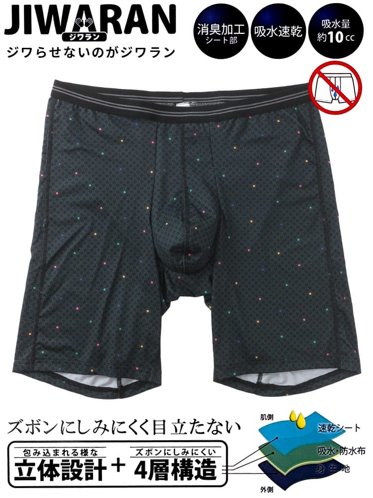 ボクサーパンツ JIWARAN 吸水速乾 消臭 ドット柄 ロング 肌着 下着 前閉じ 立体設計 しみにくい ロングボクサー 大きいサイズ メンズ