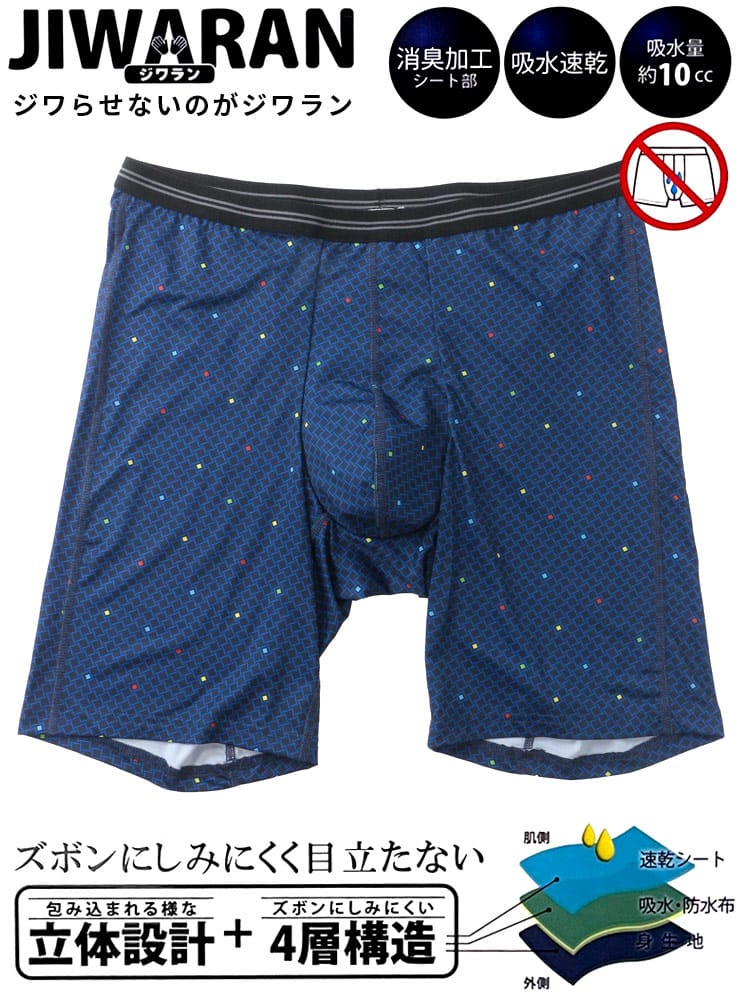 ボクサーパンツ JIWARAN 吸水速乾 消臭 ドット柄 ロング 肌着 下着 前閉じ 立体設計 しみにくい ロングボクサー 大きいサイズ メンズ