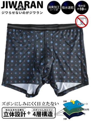 ボクサーパンツ JIWARAN 前立て 立体 4層構造 前閉じ 小紋柄 肌着 下着 ドライ 爽快感 ホールド ニオイ軽減 大きいサイズ メンズ JIWARAN ジワラン
