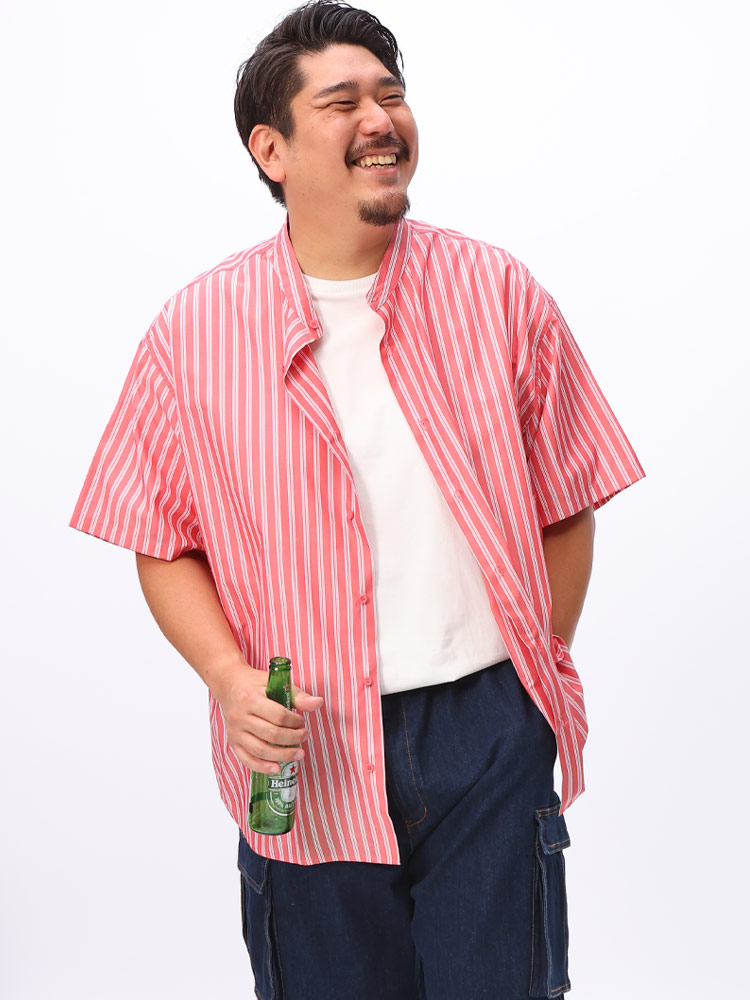 半袖 シャツ コットン ストライプ柄 バンドカラー カジュアルシャツ 大きいサイズ メンズ