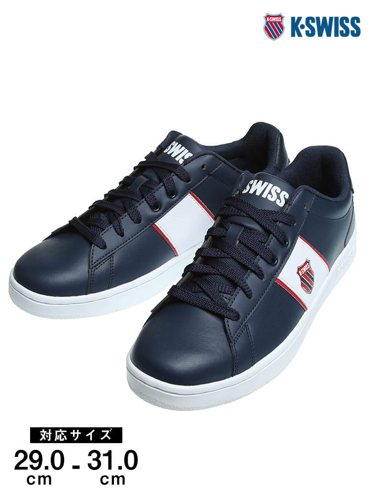 大きいサイズ メンズ K-SWISS (ケースイス) レザー ロゴライン ローカットスニーカー NAVY