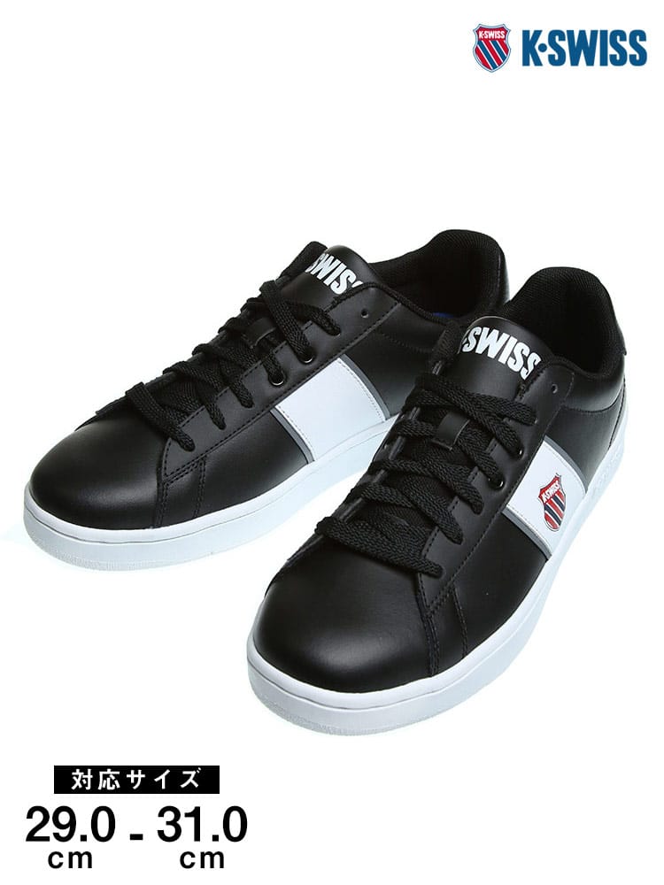 大きいサイズ メンズ K-SWISS (ケースイス) レザー ロゴライン ローカットスニーカー BLACK