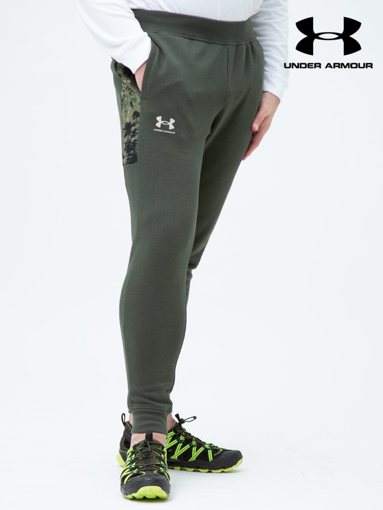 大きいサイズ メンズ UNDER ARMOUR (アンダーアーマー) 日本規格 LOOSE 裏起毛 サイド切り替え ジョガーパンツ Rival Fleece Printed Jogger