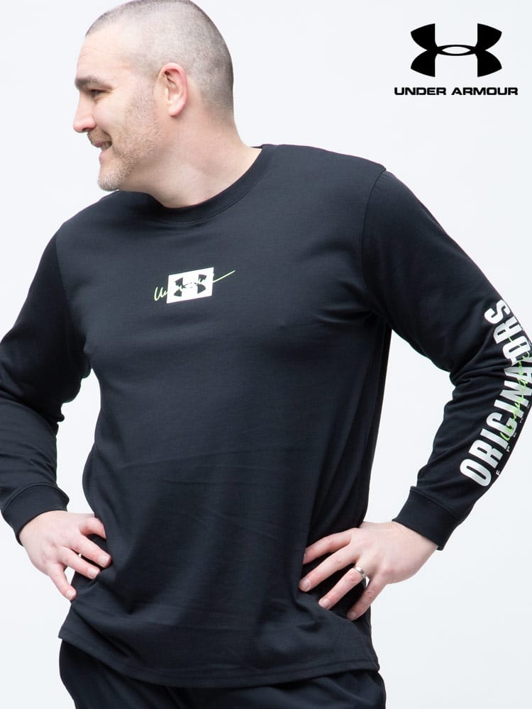 大きいサイズ メンズ UNDER ARMOUR (アンダーアーマー) LOOSE アームプリント クルーネック 長袖 Tシャツ HW CHARGED COTTON LS
