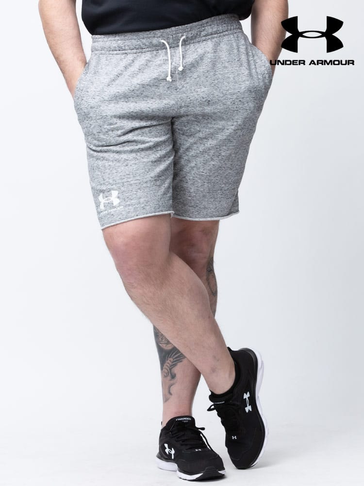 大きいサイズ メンズ UNDER ARMOUR (アンダーアーマー) 日本規格 FITTED ロゴプリント スウェット ショートパンツ Rival Terry SHORT