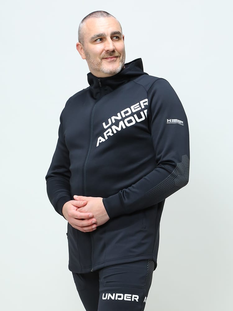 大きいサイズ メンズ UNDER ARMOUR (アンダーアーマー) 日本規格 FITTED ロゴプリント フルジップ ニット パーカー PERFOMANCE KNIT HYBRID FZ