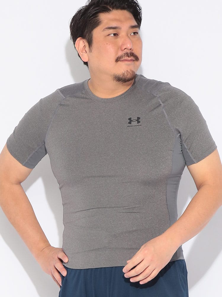 Tシャツ 半袖 メンズ 大きいサイズ heatgear COMPRESSION UPF40 胸ロゴ クルーネック トップス カットソー スポーツ トレーニング 春 夏