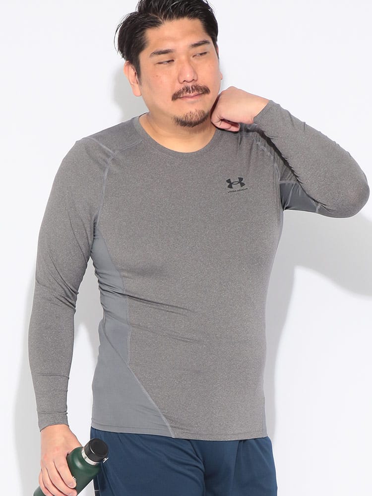 Tシャツ 長袖 メンズ 大きいサイズ heatgear COMPRESSION UPF40 胸ロゴ クルーネック トップス カットソー スポーツ トレーニング 春 夏