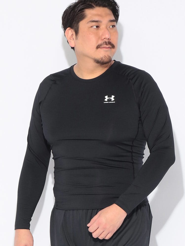 Tシャツ 長袖 メンズ 大きいサイズ heatgear COMPRESSION UPF40 胸ロゴ クルーネック トップス カットソー スポーツ トレーニング 春 夏