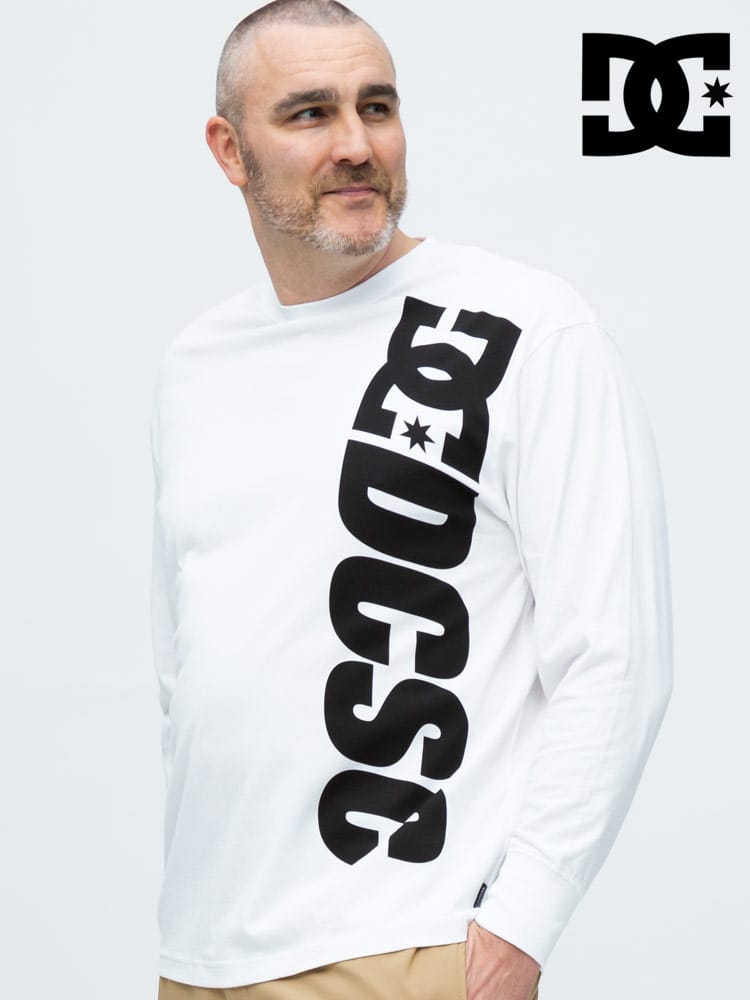大きいサイズ メンズ DCSHOECOUSA (ディーシーシューズ) 綿100％ 縦ロゴプリント クルーネック 長袖 Tシャツ ロンT