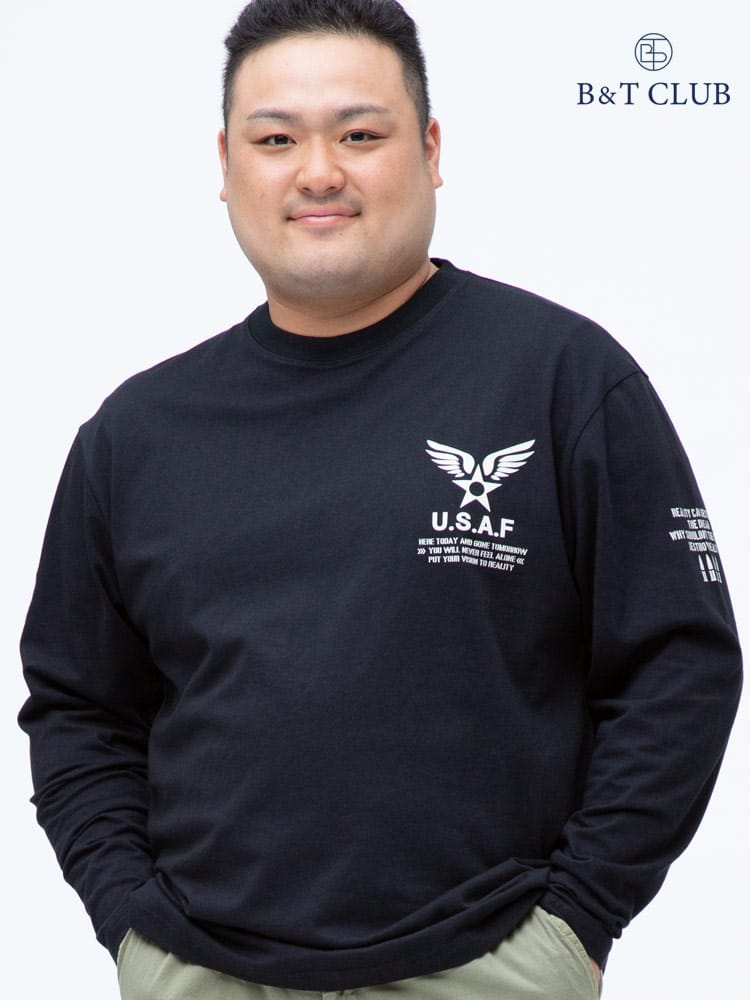 大きいサイズ メンズ B＆T CLUB (ビーアンドティークラブ) 綿100％ ミリタリープリント クルーネック 長袖 Tシャツ ロンT
