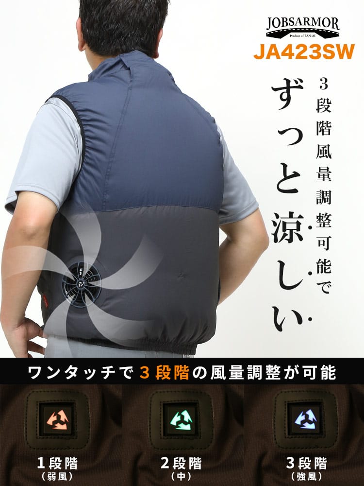 在庫処分 返品交換不可 大きいサイズ メンズ JOBSARMOR (ジョブズアーマー) 空調ファン付きベスト 電動ファン付き 胸スイッチ バイカラー フルジップ ベスト 3Lのみ