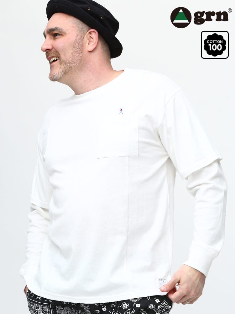 大きいサイズ メンズ grn (ジーアールエヌ) USAコットン フェイクレイヤード クルーネック ポケット 長袖 Tシャツ ロンT