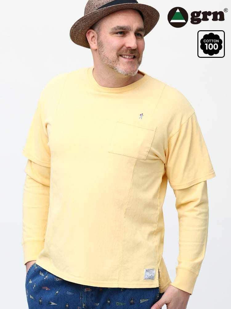 大きいサイズ メンズ grn (ジーアールエヌ) USAコットン フェイクレイヤード クルーネック ポケット 長袖 Tシャツ ロンT