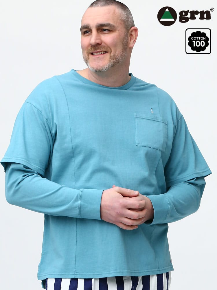 大きいサイズ メンズ grn (ジーアールエヌ) USAコットン フェイクレイヤード クルーネック ポケット 長袖 Tシャツ ロンT