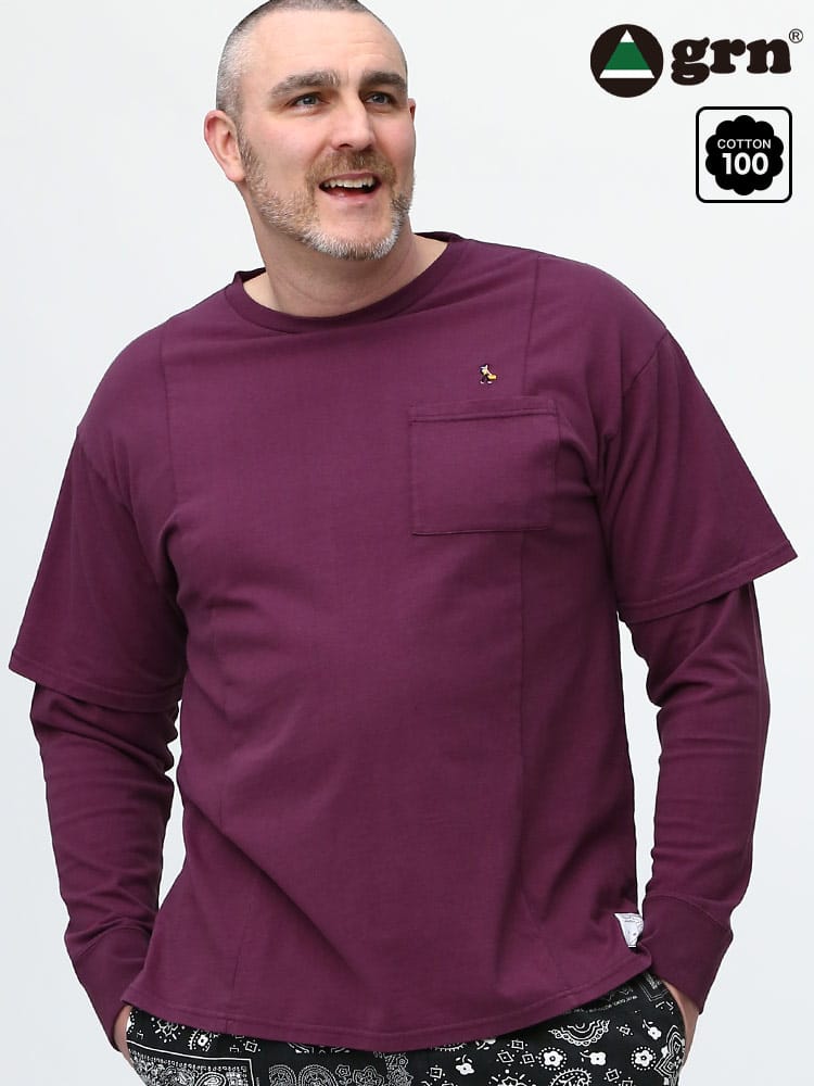 大きいサイズ メンズ grn (ジーアールエヌ) USAコットン フェイクレイヤード クルーネック ポケット 長袖 Tシャツ ロンT
