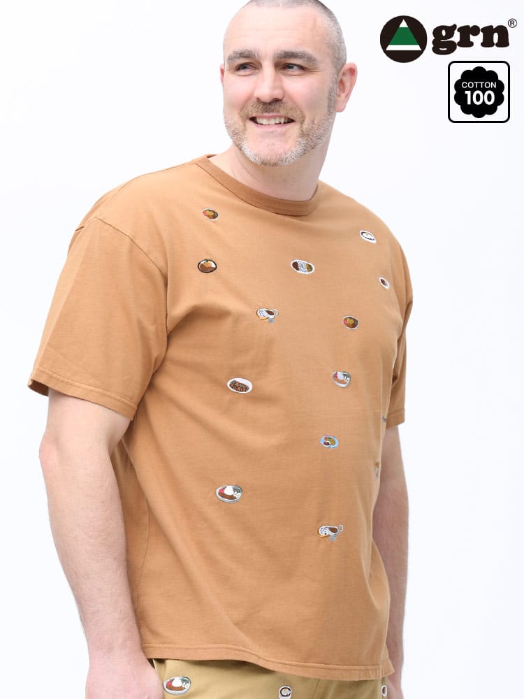 在庫処分 返品交換不可 大きいサイズ メンズ grn (ジーアールエヌ) USAコットン カレー刺繍 クルーネック 半袖 Tシャツ
