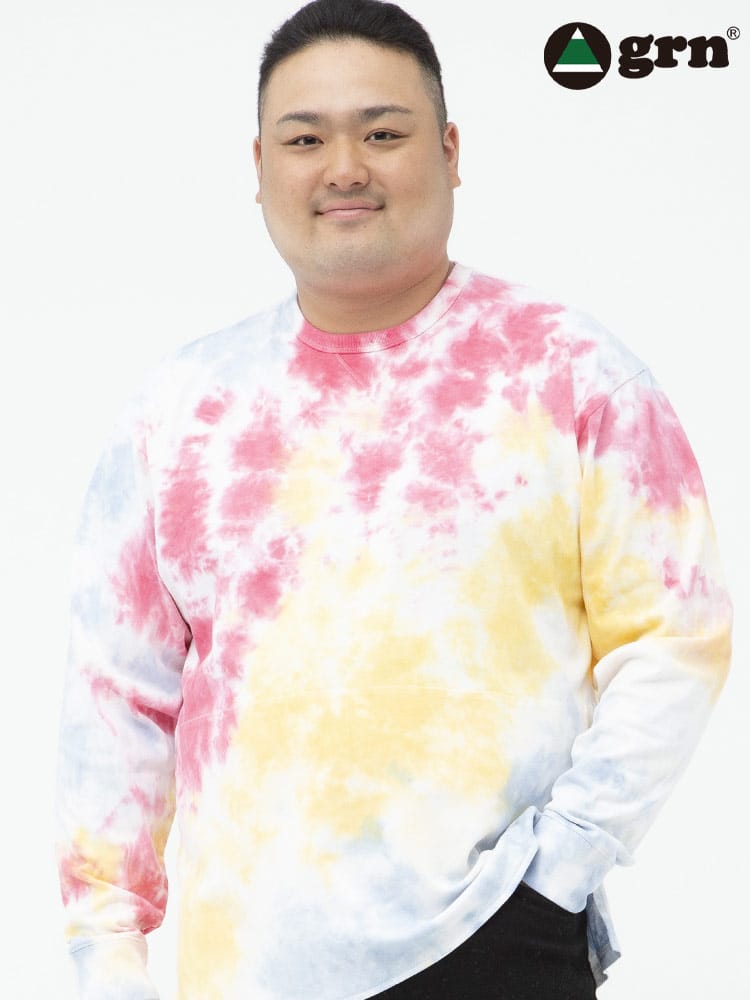 大きいサイズ メンズ grn (ジーアールエヌ) 綿100％ タイダイ柄 クルーネック 長袖 Tシャツ ロンT