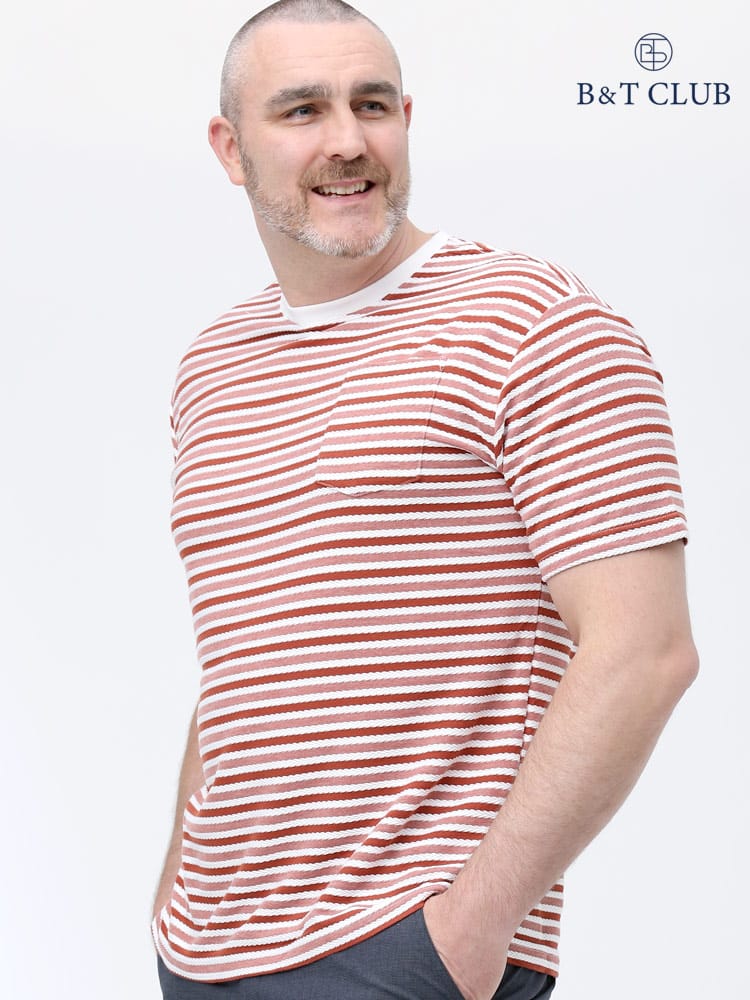 大きいサイズ メンズ B＆T CLUB (ビーアンドティークラブ) 粗編み 天竺 ボーダー ポケット クルーネック 半袖 Tシャツ