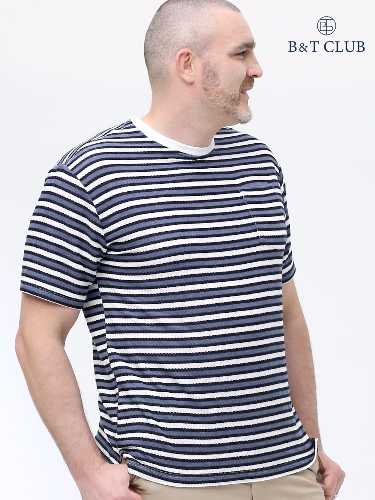 大きいサイズ メンズ B＆T CLUB (ビーアンドティークラブ) 粗編み 天竺 ボーダー ポケット クルーネック 半袖 Tシャツ