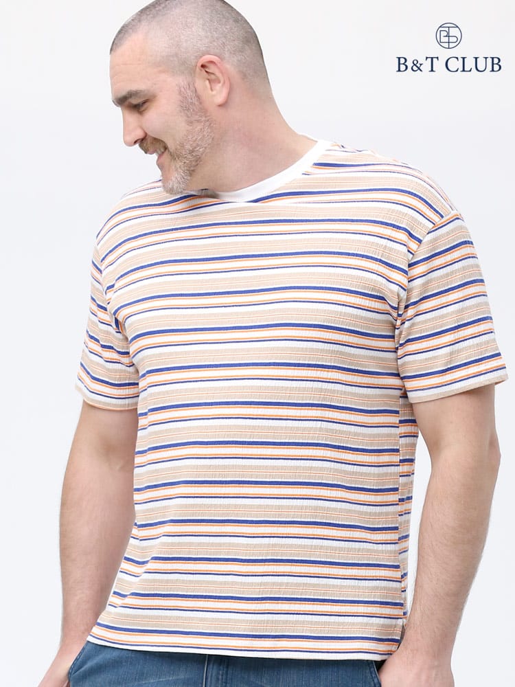 大きいサイズ メンズ B＆T CLUB (ビーアンドティークラブ) レトロボーダー クルーネック 半袖 Tシャツ