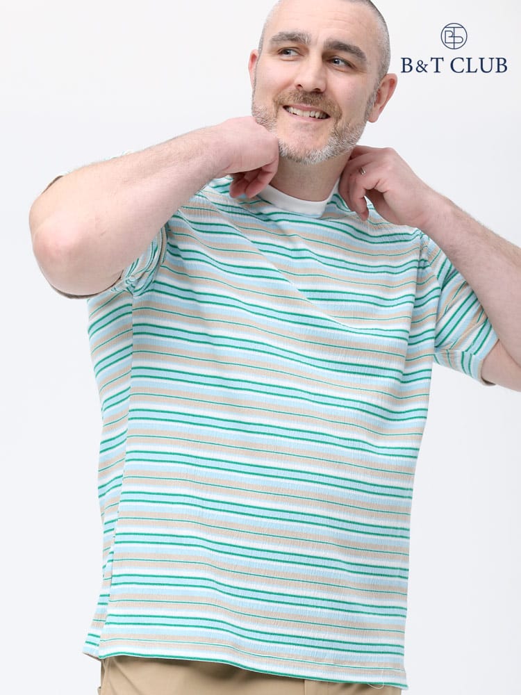 大きいサイズ メンズ B＆T CLUB (ビーアンドティークラブ) レトロボーダー クルーネック 半袖 Tシャツ