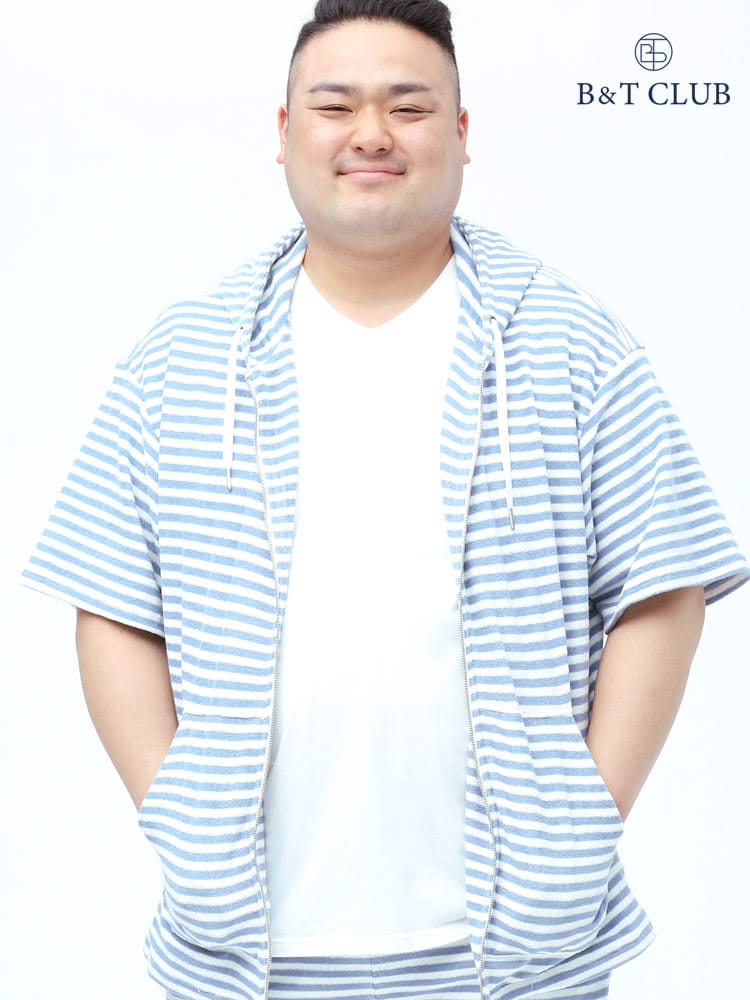 在庫処分 返品交換不可 大きいサイズ メンズ B＆T CLUB (ビーアンドティークラブ) パイル フード ボーダー フルジップ 半袖 パーカー