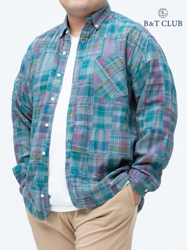 大きいサイズ メンズ B＆T CLUB (ビーアンドティークラブ) インド綿 パッチワークチェック ボタンダウン 長袖 シャツ