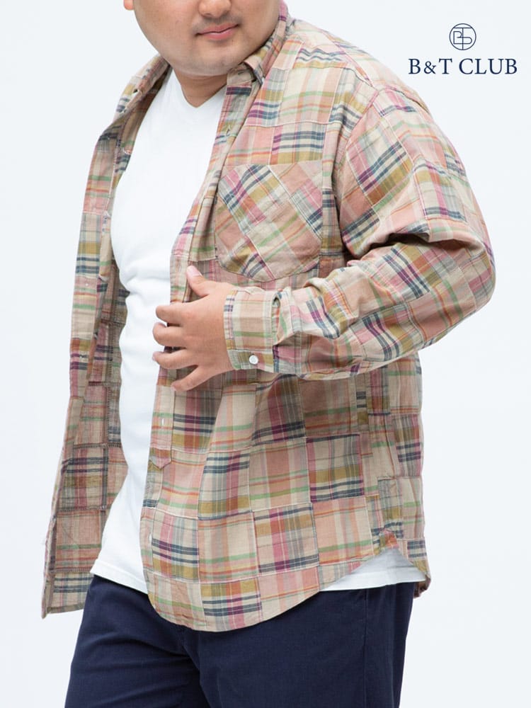 大きいサイズ メンズ B＆T CLUB (ビーアンドティークラブ) インド綿 パッチワークチェック ボタンダウン 長袖 シャツ