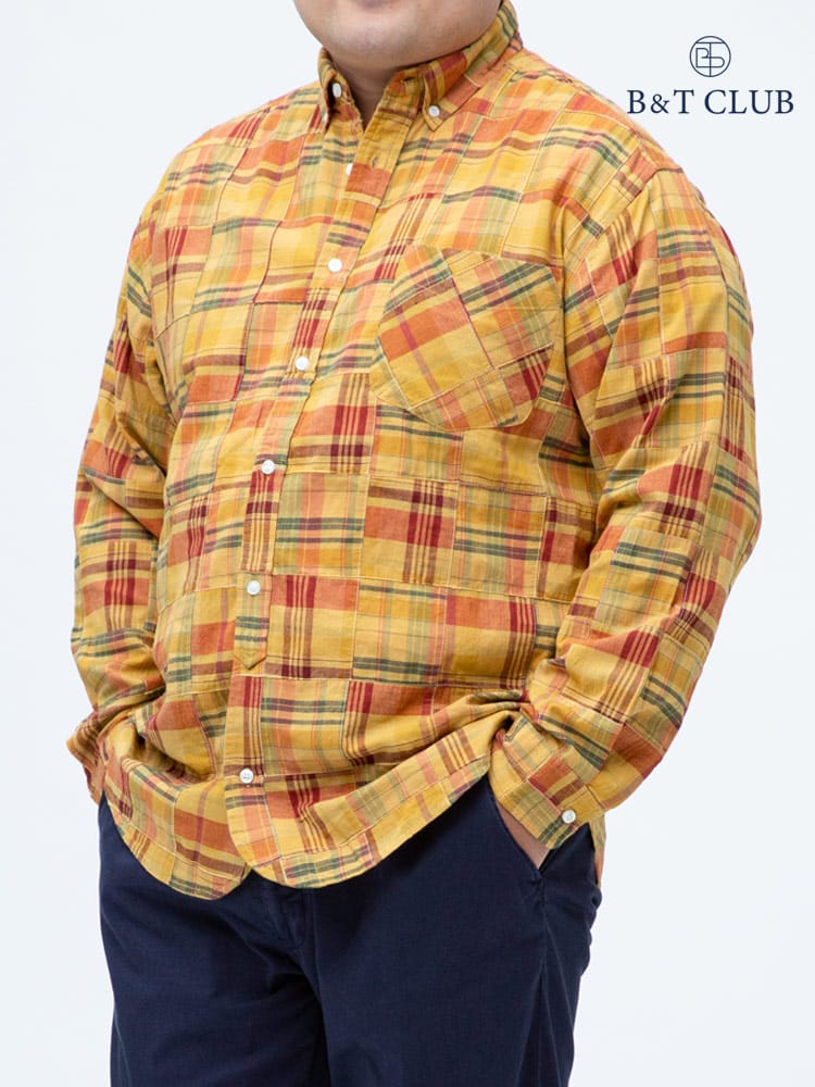 大きいサイズ メンズ B＆T CLUB (ビーアンドティークラブ) インド綿 パッチワークチェック ボタンダウン 長袖 シャツ