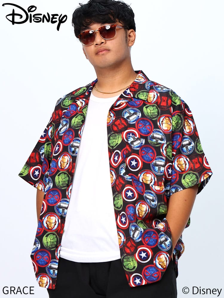 半袖 シャツ MARVEL マーベル 総柄 オープンカラー アロハシャツ 大きいサイズ メンズ