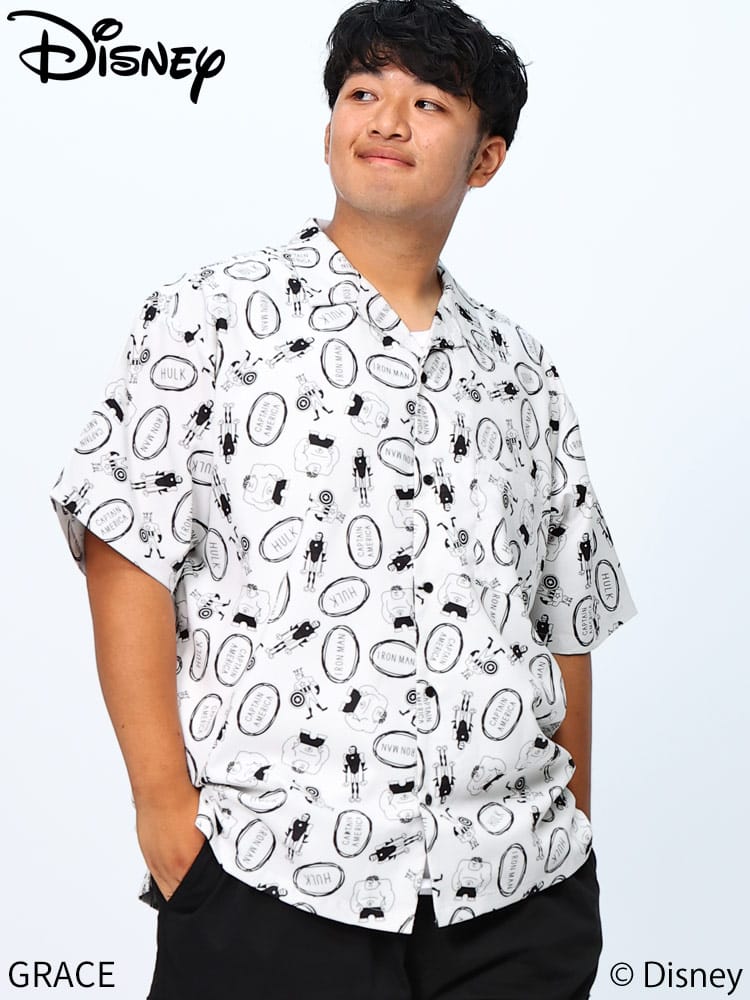 半袖 シャツ MARVEL マーベル 総柄 オープンカラー アロハシャツ 大きいサイズ メンズ