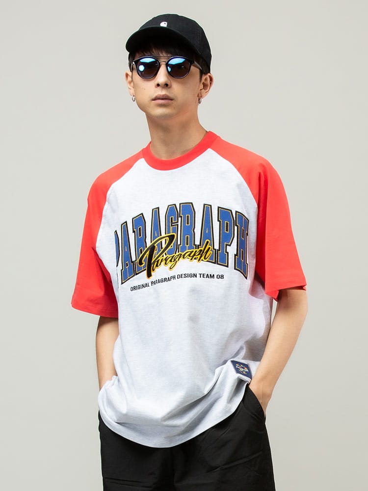 Paragraph (パラグラフ) 切り替え ロゴ刺繍 クルーネック 半袖 Tシャツ Color Raglan TEE