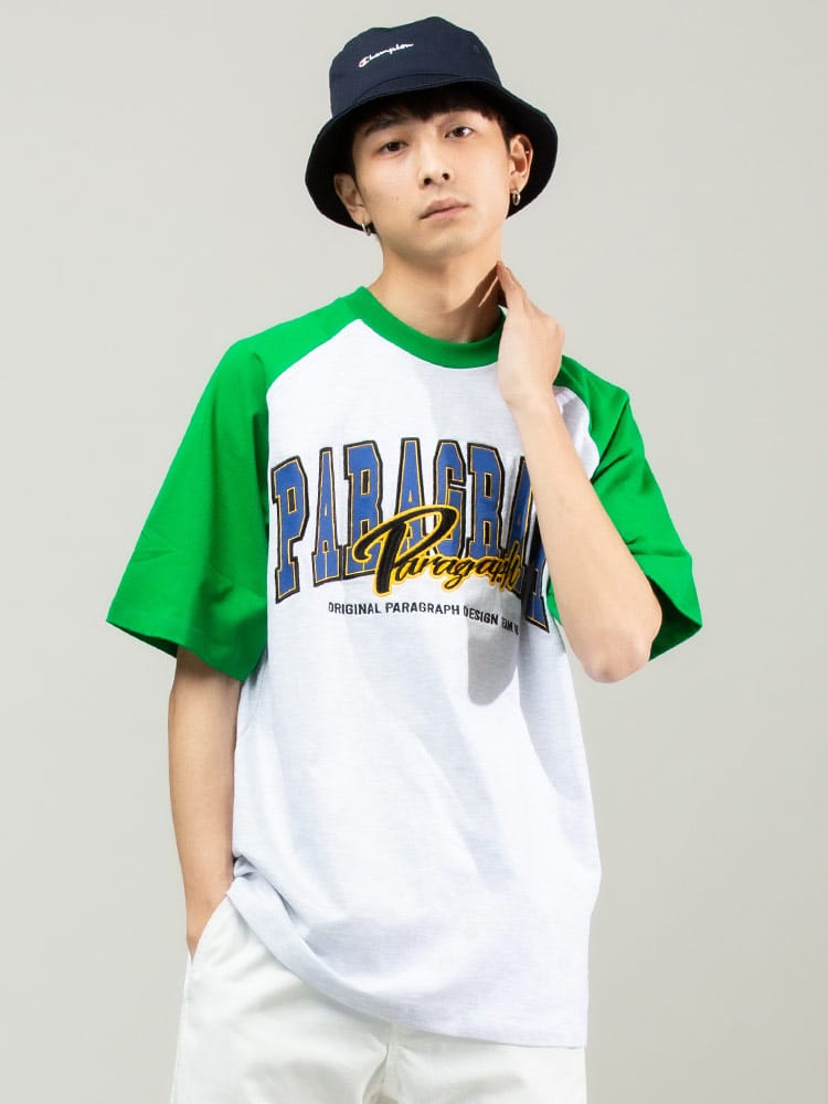 Paragraph (パラグラフ) 切り替え ロゴ刺繍 クルーネック 半袖 Tシャツ Color Raglan TEE