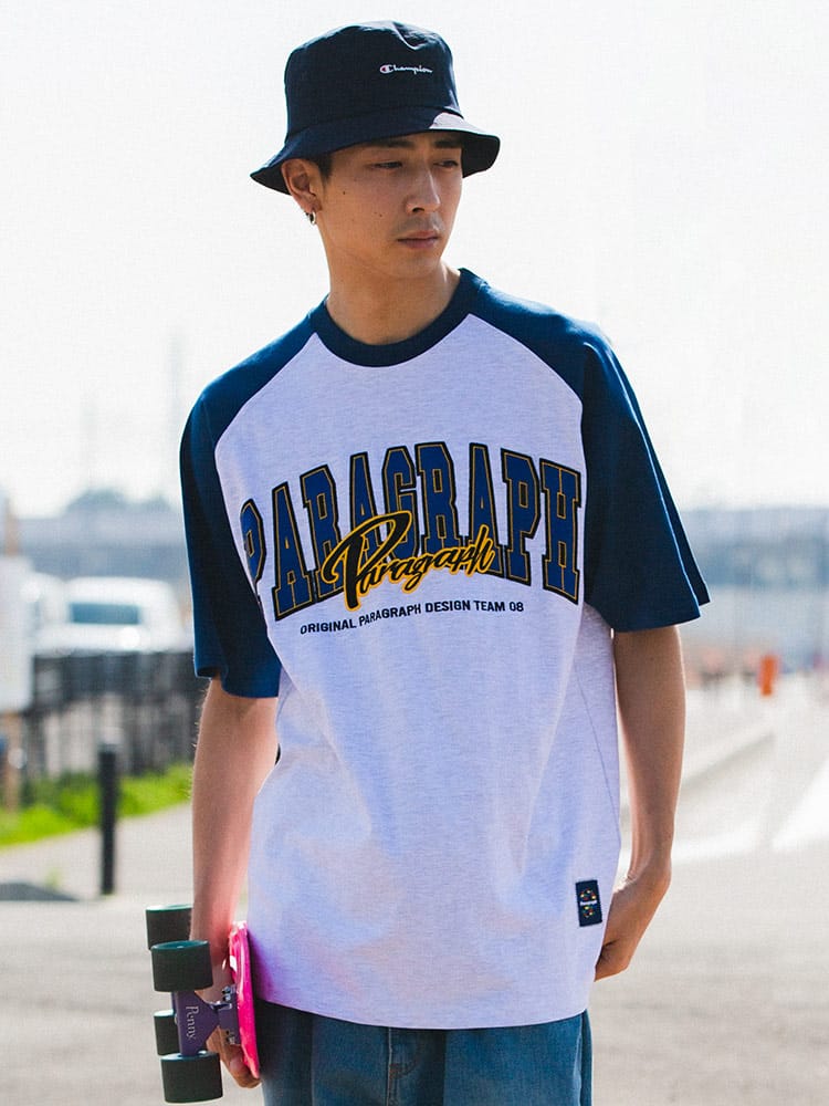 Paragraph (パラグラフ) 切り替え ロゴ刺繍 クルーネック 半袖 Tシャツ Color Raglan TEE