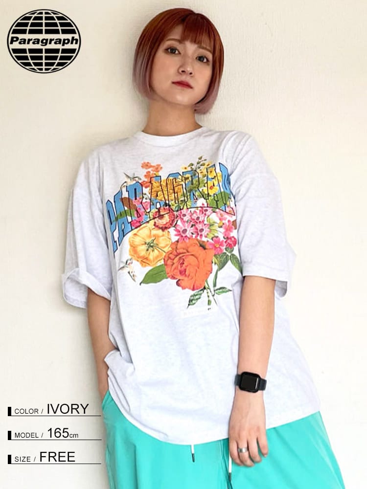 Paragraph (パラグラフ) 花柄プリント クルーネック 半袖 Tシャツ FUNNY FROWER T-SHIRT