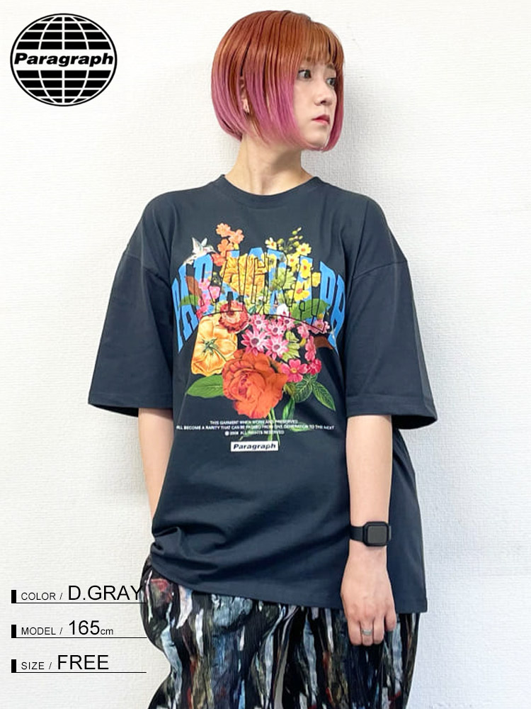 Paragraph (パラグラフ) 花柄プリント クルーネック 半袖 Tシャツ 