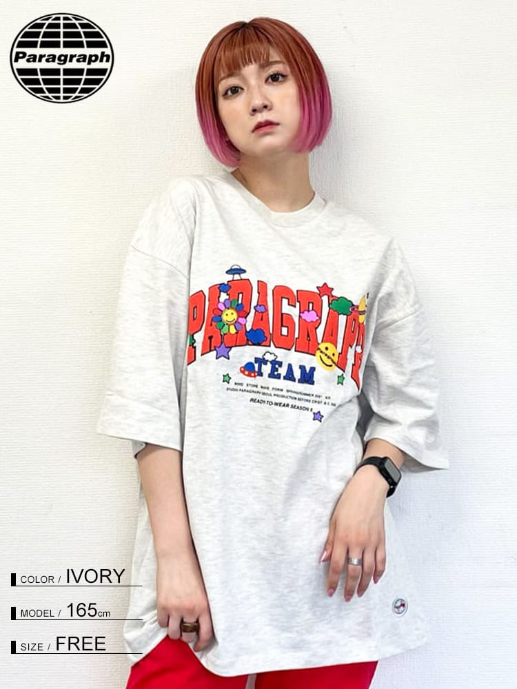 Paragraph (パラグラフ) バックプリント クルーネック 半袖 Tシャツ HAPPY T-SHIRT