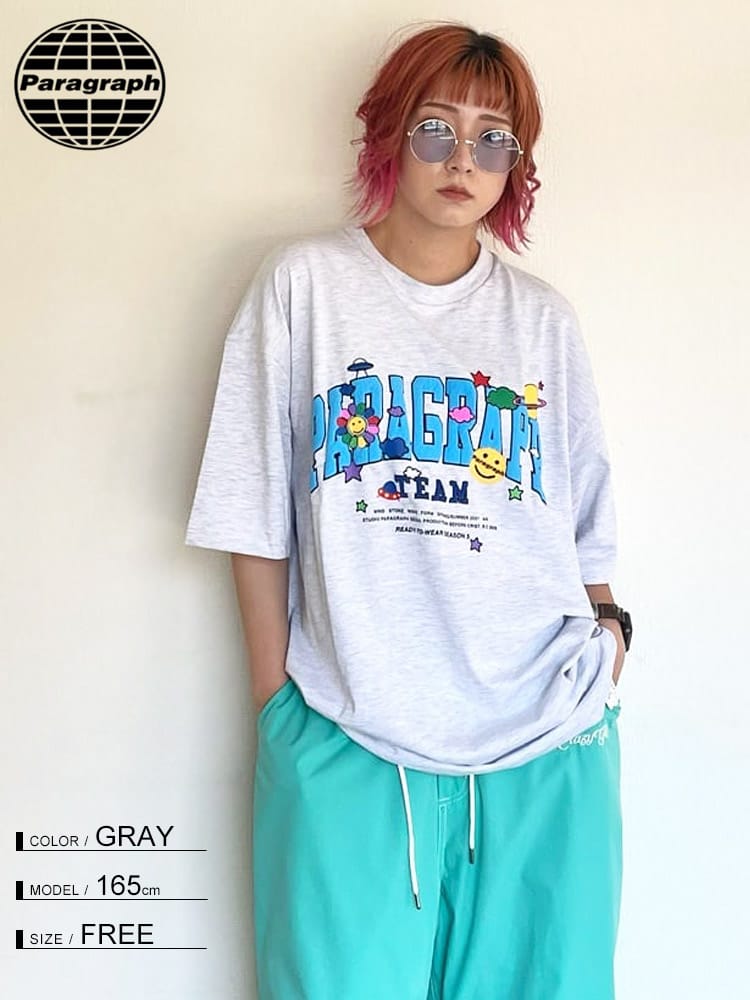 Paragraph (パラグラフ) ロゴプリント クルーネック 半袖 Tシャツ SMILE HAPPY Tee