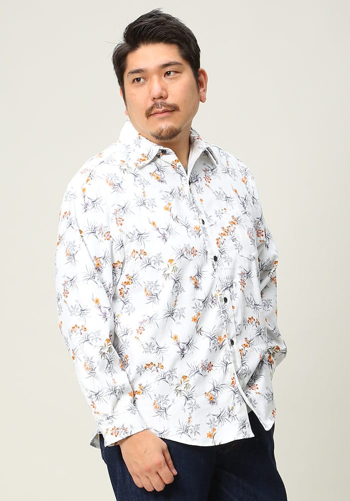 大きいサイズ メンズ B＆T CLUB (ビーアンドティークラブ) 総柄プリント コーデュロイ 長袖 シャツ