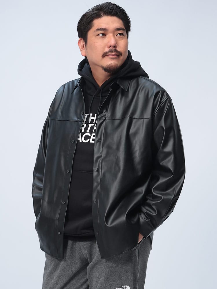 長袖シャツ フェイクレザー ポケット付き オーバーシャツ トップス  シンプル 秋冬 大きいサイズ メンズ