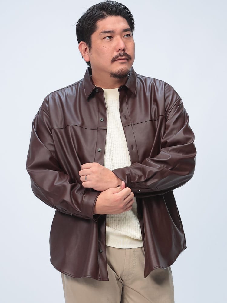 長袖シャツ フェイクレザー ポケット付き オーバーシャツ トップス  シンプル 秋冬 大きいサイズ メンズ