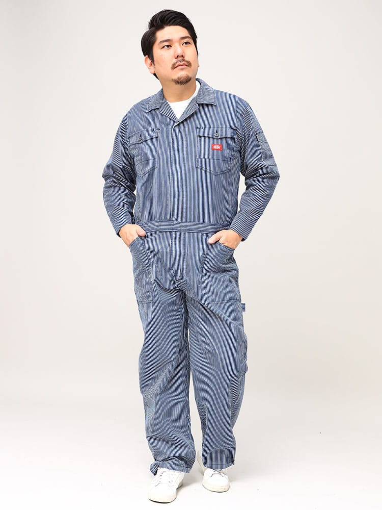 大きいサイズ メンズ Dickies (ディッキーズ) ストレッチ ヒッコリー ストライプ つなぎ ツナギ
