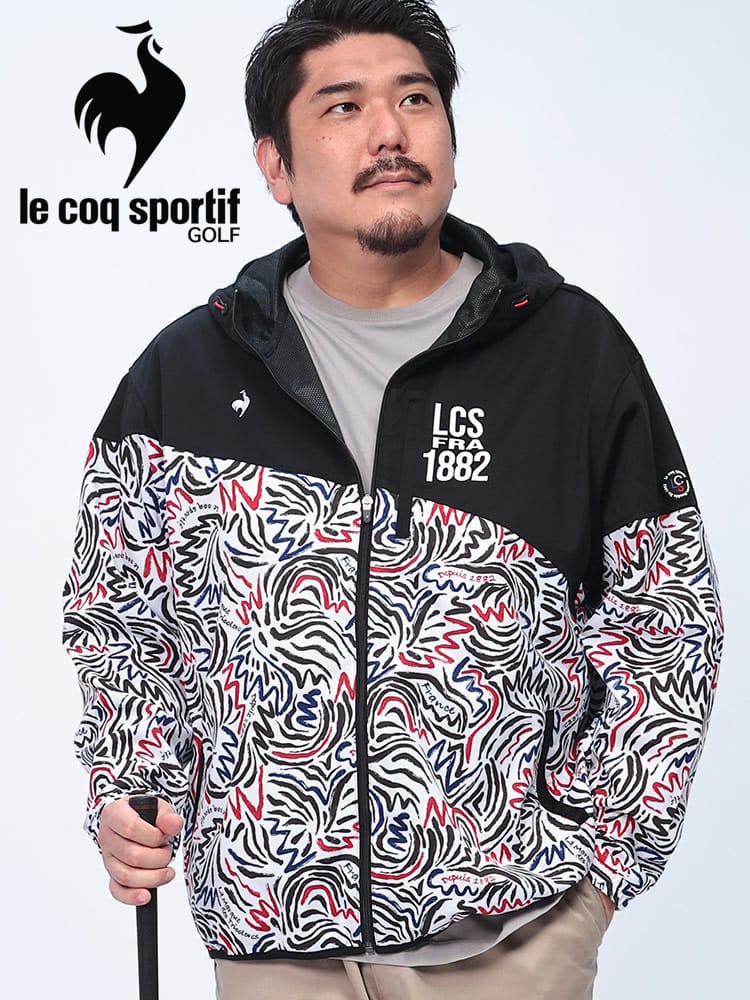 フーデッドブルゾン le coq GOLF ストレッチ 撥水 切替プリント アウター ジャケット ゴルフウェア スポーツ 多機能 大きいサイズ メンズ