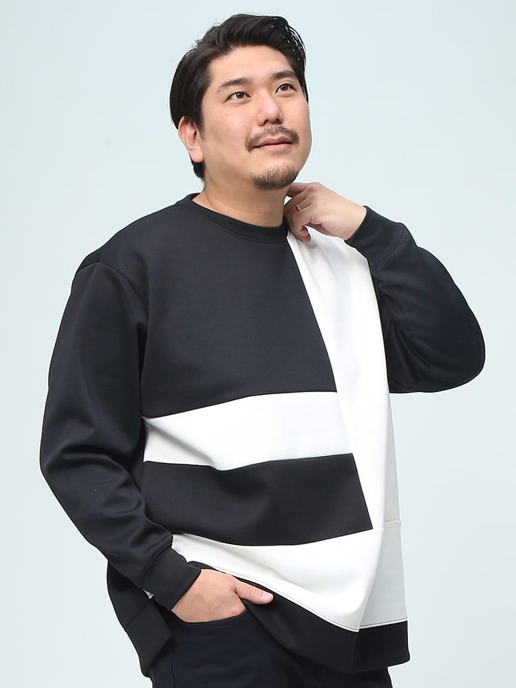 B＆T CLUB トレーナー モノクロ 切替え ダンボールニット ランダムブロック プルオーバー ビーアンドティークラブ 大きいサイズ メンズ 